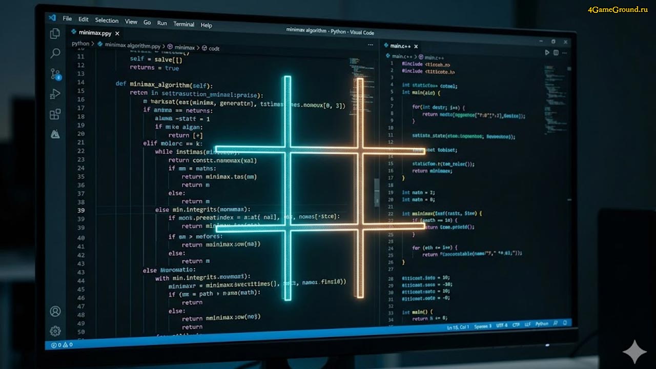 Макросъемка темного монитора с кодом на Python, поверх которого голографической проекцией выведена сетка крестиков-ноликов