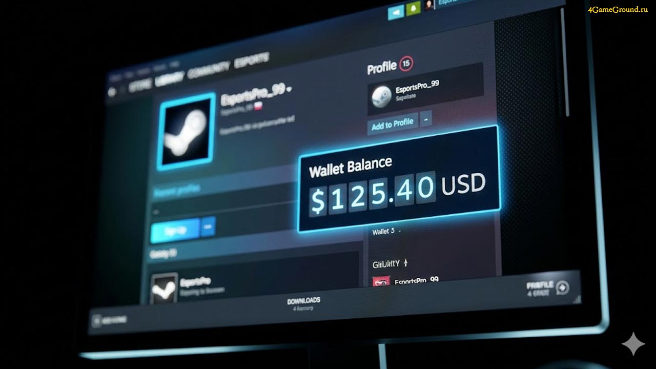 Монитор крупным планом, на экране открыт магазин Steam с балансом кошелька, темная геймерская эстетика