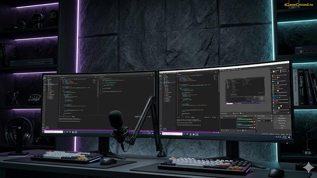 Темная комната с мощным ПК, на фоне стены с глубокой темной текстурой