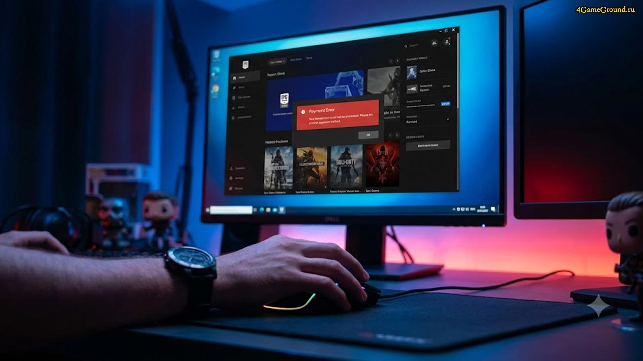 Мрачная комната геймера, на светящемся мониторе открыт магазин Epic Games Store с крупным красным уведомлением об ошибке транзакции