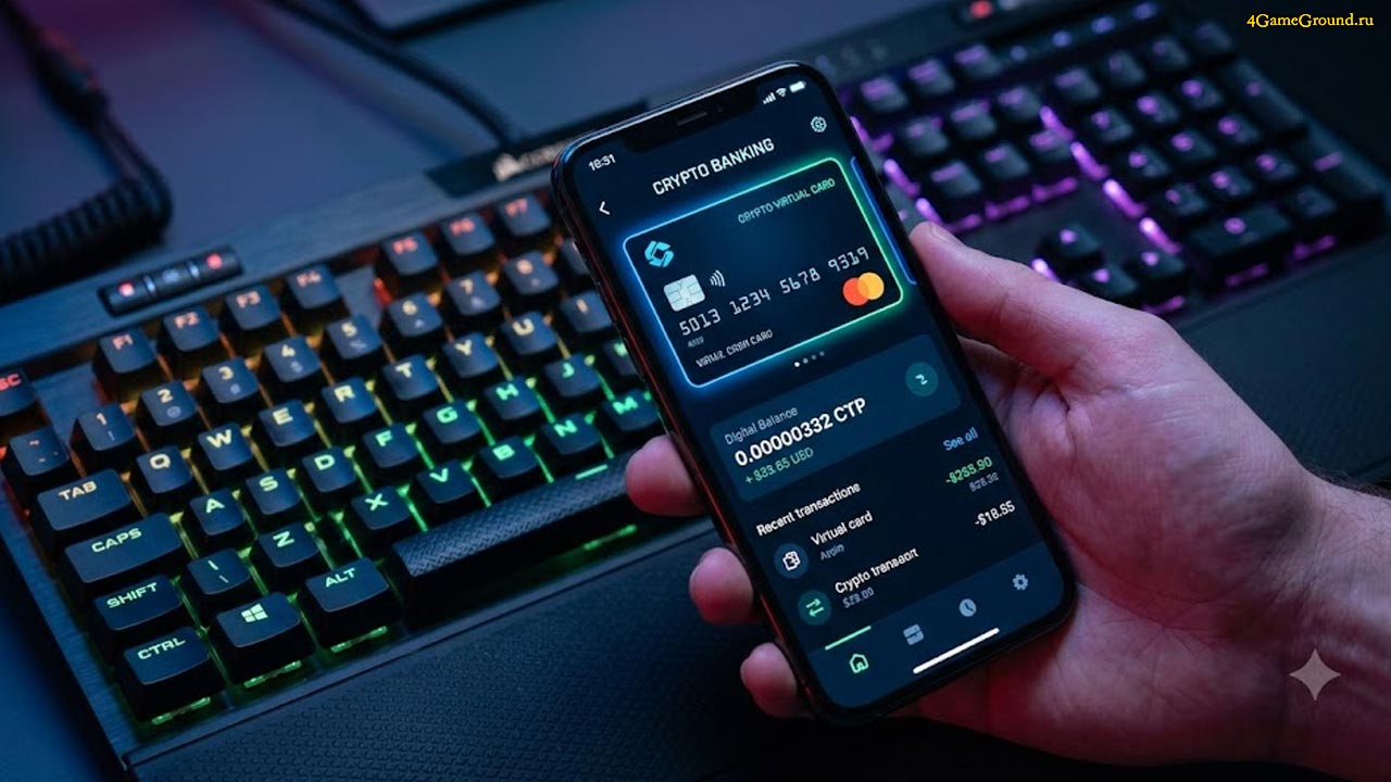 Крупный план: геймер держит смартфон с открытым приложением виртуальной криптокарты на фоне механической клавиатуры с RGB-подсветкой