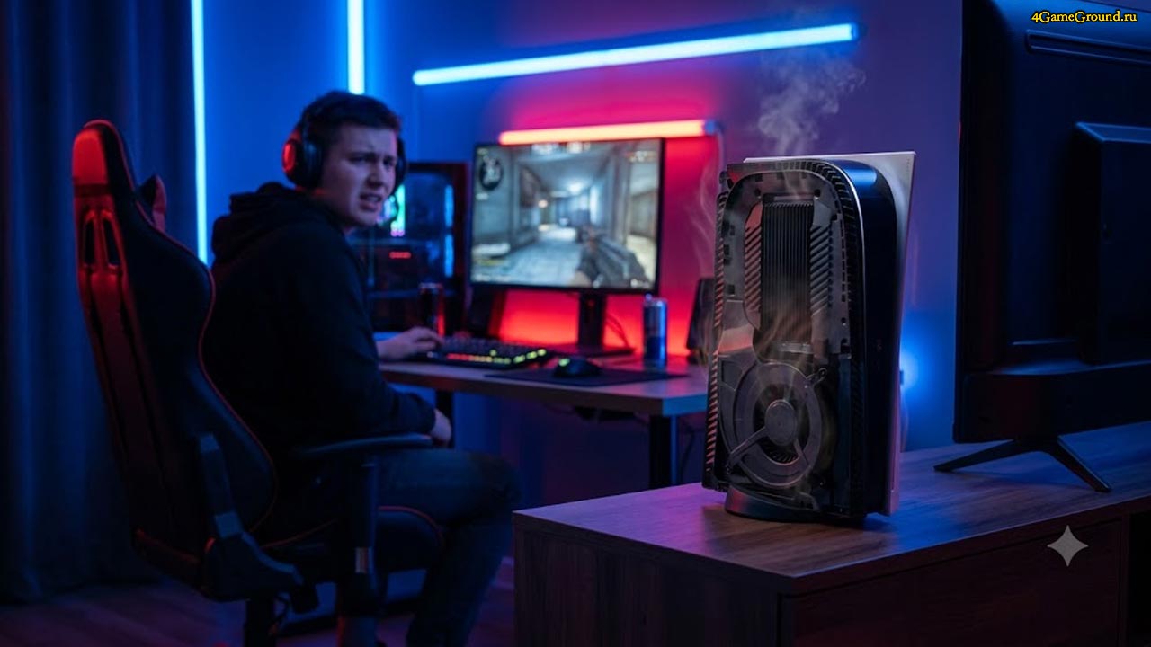 Геймер в наушниках смотрит на телевизор, на тумбочке стоит разобранная PlayStation 5, из которой идет легкий дымок, символизирующий перегрев