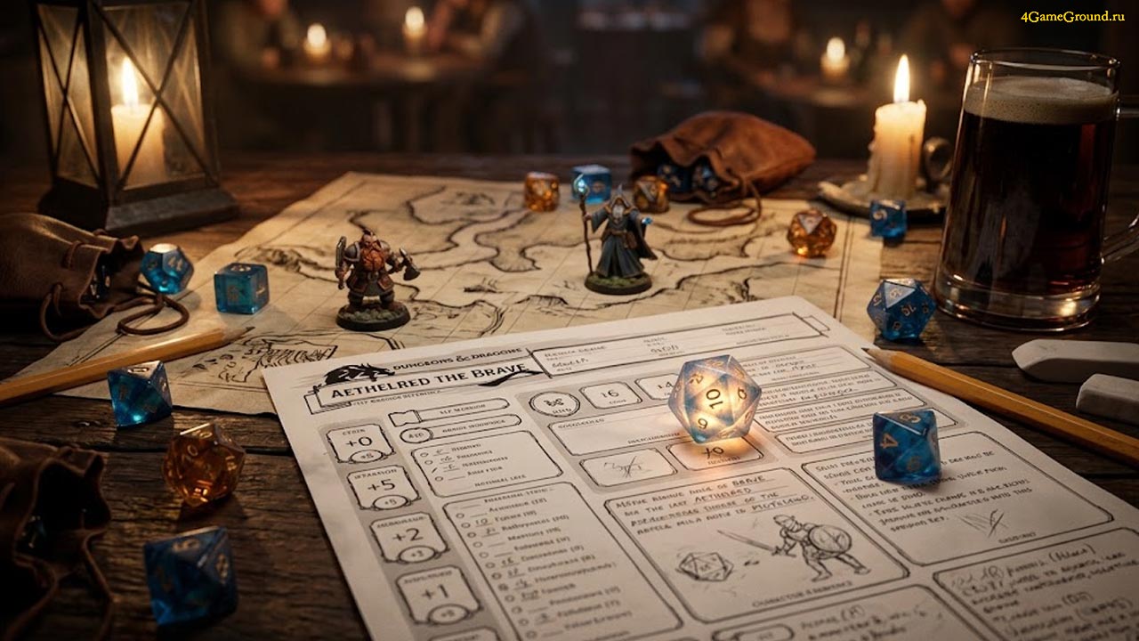 Стол для игры в Dungeons and Dragons, разбросаны кубики d20, лежат листы персонажей, миниатюры и книга мастера подземелий
