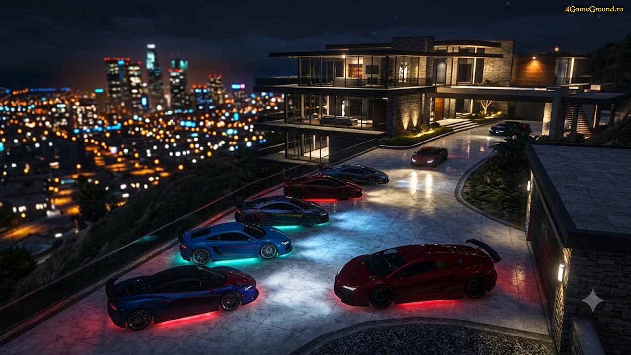 Дорогой особняк на холмах Вайнвуда в GTA 5, на парковке стоят несколько тюнингованных суперкаров, ночное освещение