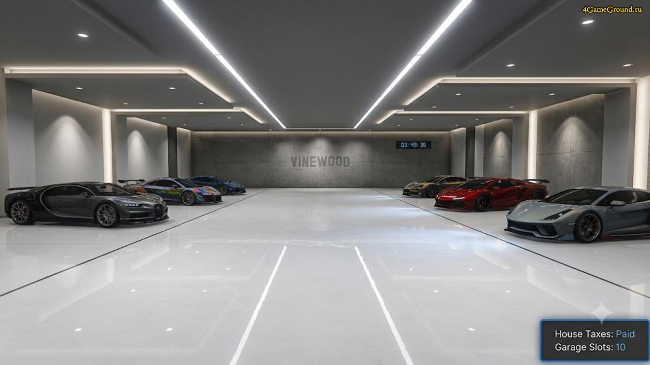 Вид от первого лица внутри огромного светлого гаража в GTA 5 RP, интерфейс сервера показывает информацию о налогах на недвижимость