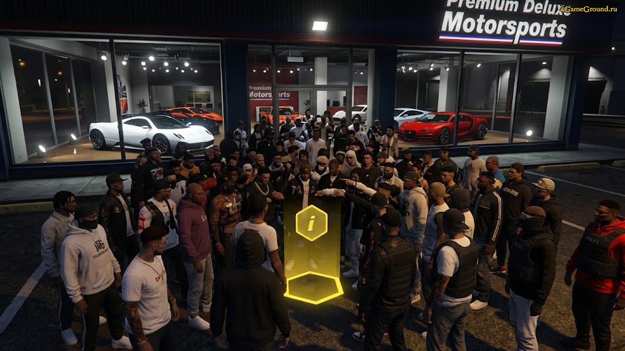 Толпа игроков в GTA 5 RP стоит возле желтого маркера премиального автосалона, на заднем плане припаркованы дорогие суперкары
