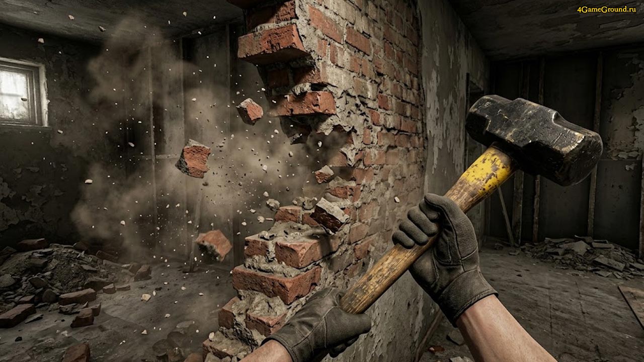 Вид от первого лица в игре House Flipper 2, персонаж держит в руках кувалду и ломает кирпичную стену в грязной заброшенной комнате