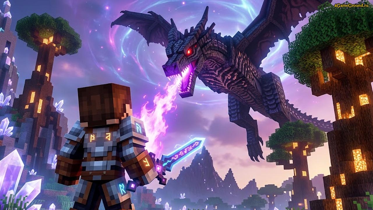 Эпичный пейзаж в Minecraft с установленными шейдерами и модами, на переднем плане персонаж с кастомным мечом смотрит на огромного дракона