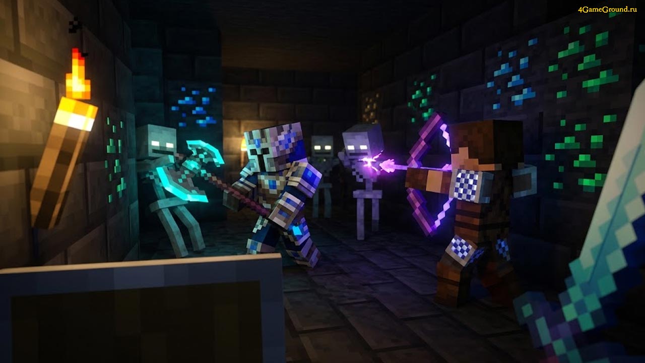 Интерфейс Minecraft Bedrock Edition, группа игроков в разной броне сражается с мобами в подземелье, вид от первого лица
