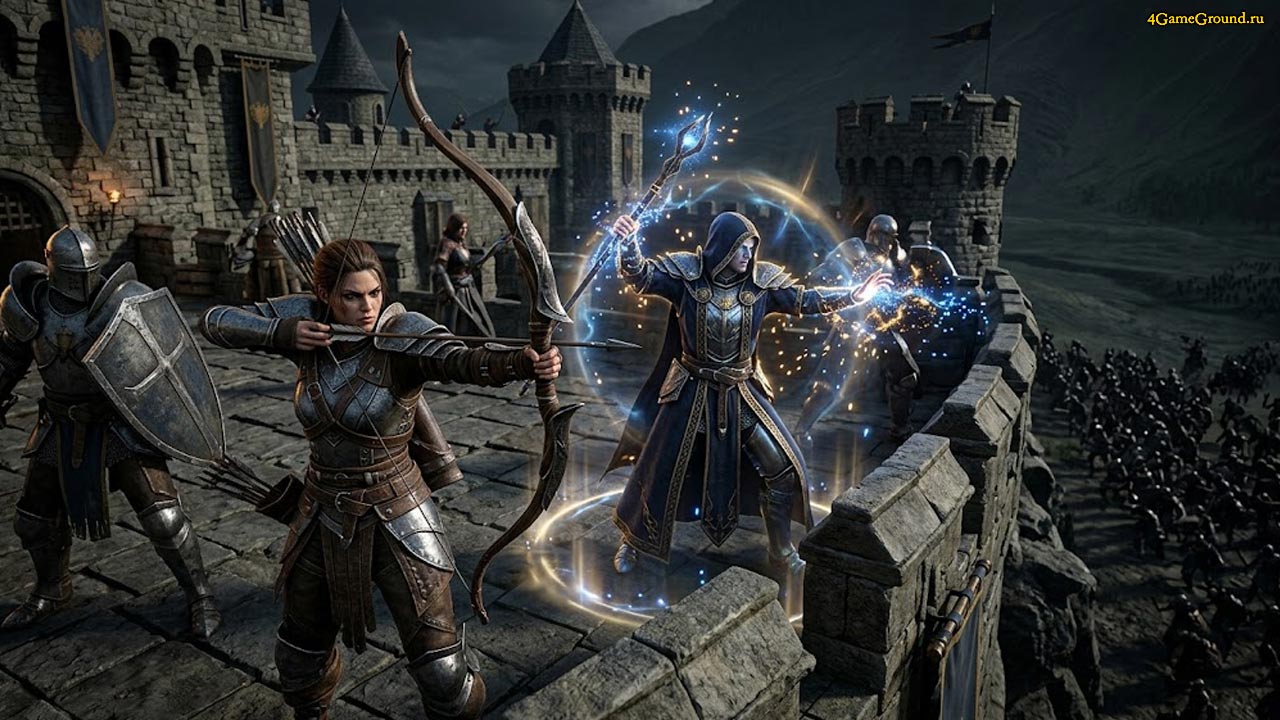 Высокодетализированные 3D персонажи из Watcher of Realms стоят на обороне крепости, лучница и маг готовятся к атаке