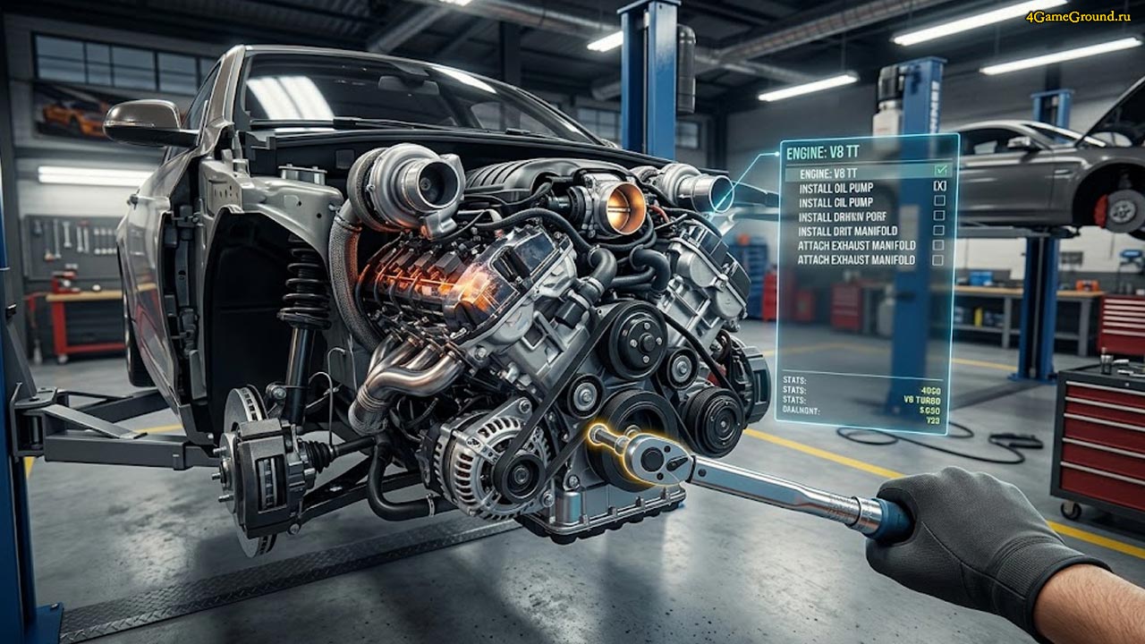 Геймплей Car Mechanic Simulator, механик стоит под машиной на подъемнике и готовится к демонтажу двигателя