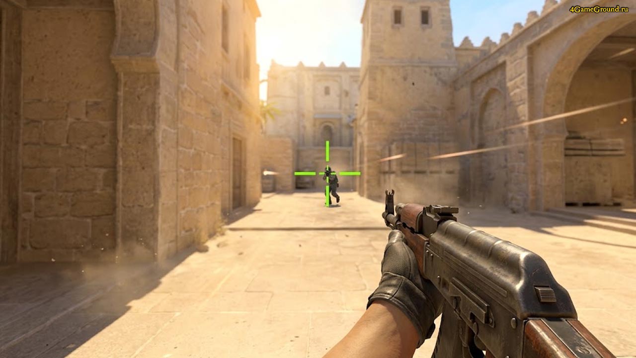 Вид от первого лица в Counter-Strike 2 на карте Mirage, игрок держит AK-47, в центре экрана четкий салатовый прицел на фоне вражеской модельки