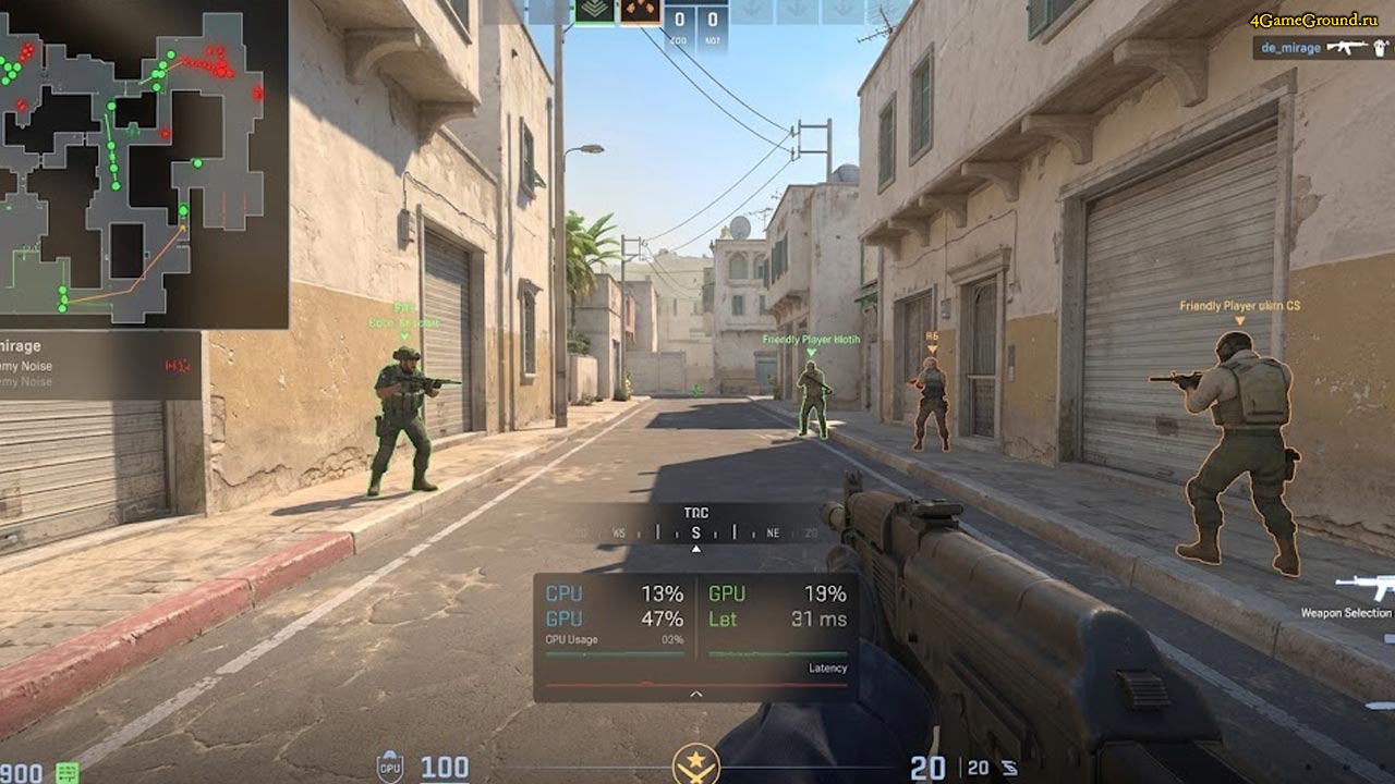 Вид от первого лица в Counter-Strike 2, на экране поверх игры отображается аккуратный полупрозрачный интерфейс с тактической информацией и радаром