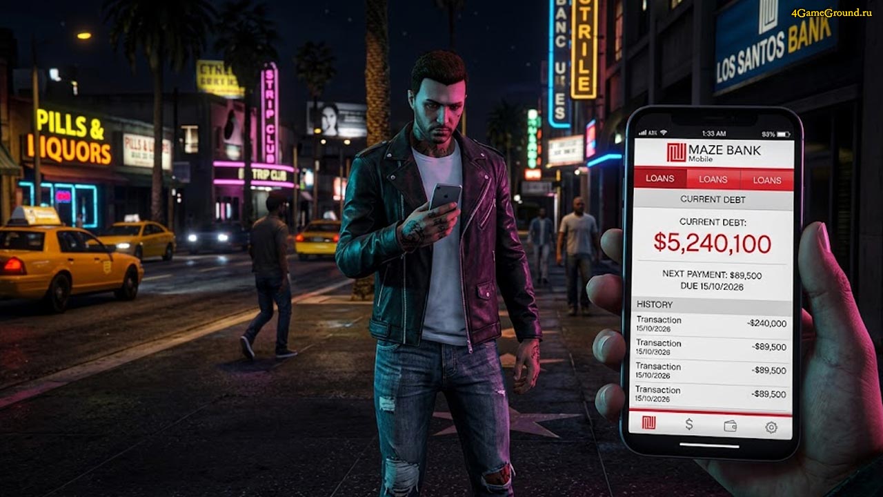 Персонаж в GTA Online смотрит в экран смартфона с открытым банковским приложением на фоне неонового города