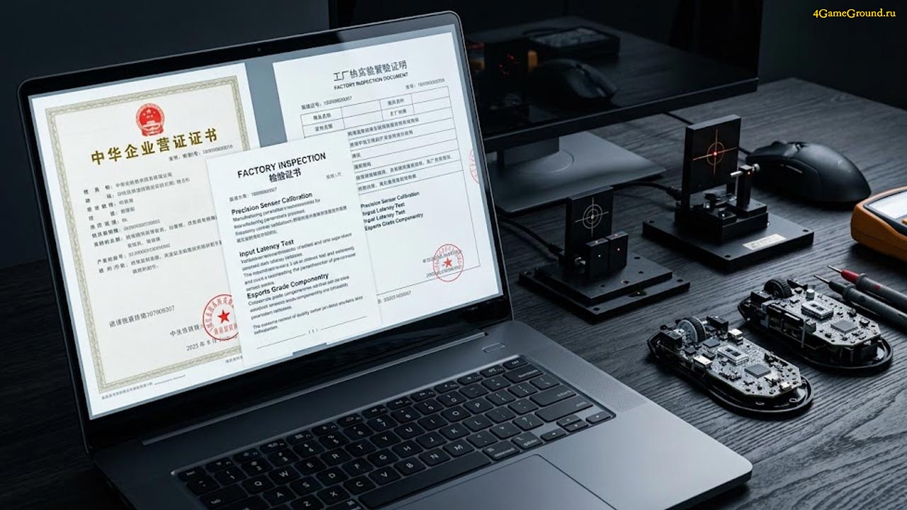 Экран ноутбука с китайскими сертификатами качества, на фоне лежат разобранные игровые мыши и инструменты для тестирования сенсоров