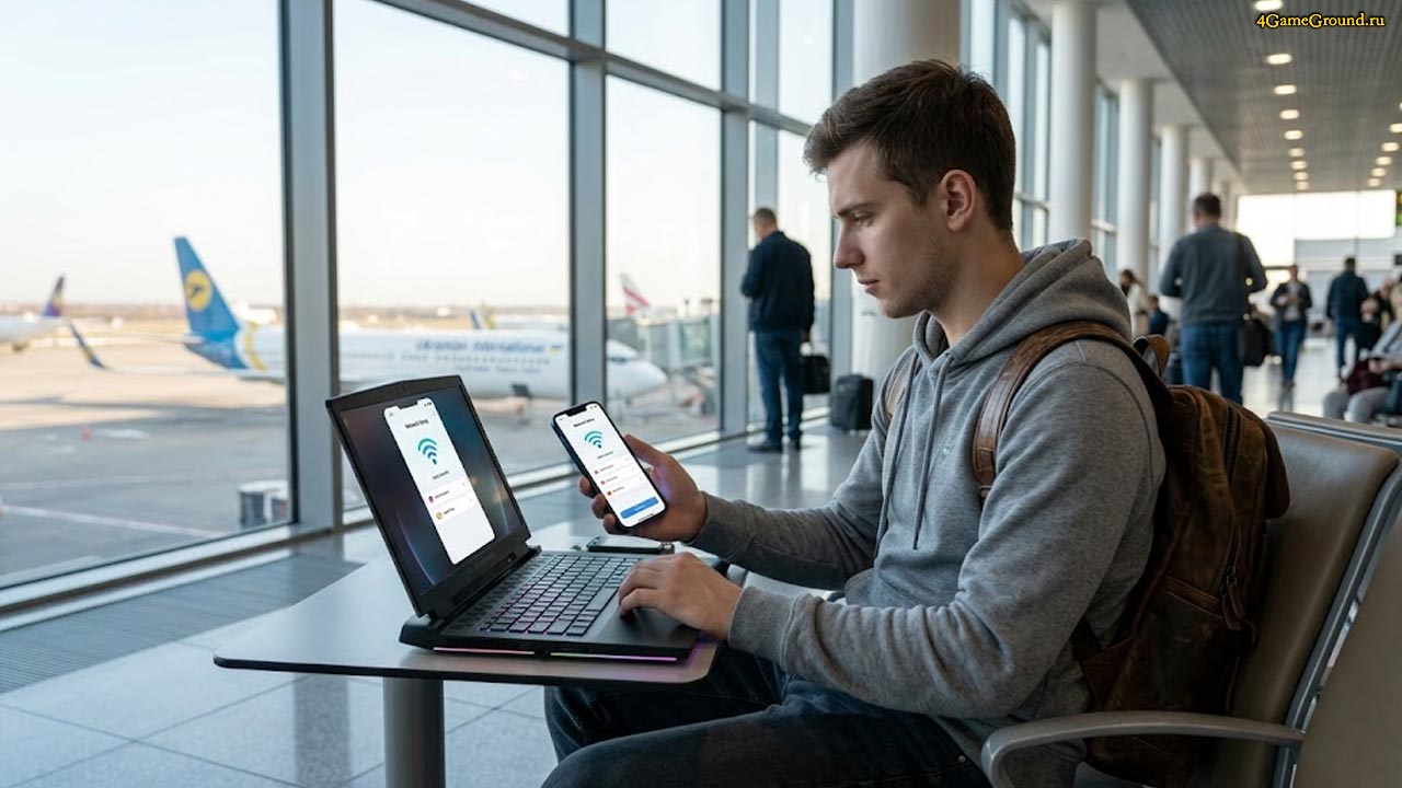 Молодой человек в аэропорту сидит с игровым ноутбуком и смартфоном, на экране которого открыто приложение для настройки eSIM