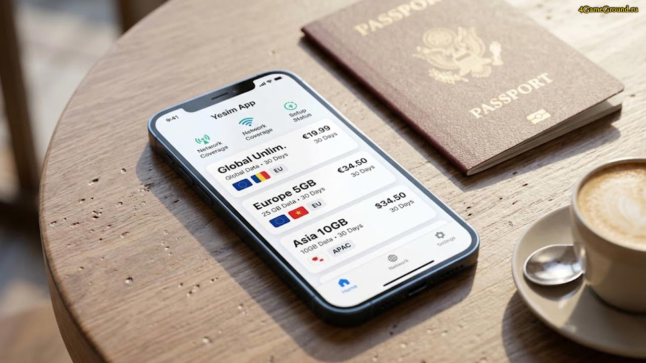 Крупный план смартфона, на экране которого отображается процесс выбора пакета гигабайт в приложении Yesim на фоне загранпаспорта