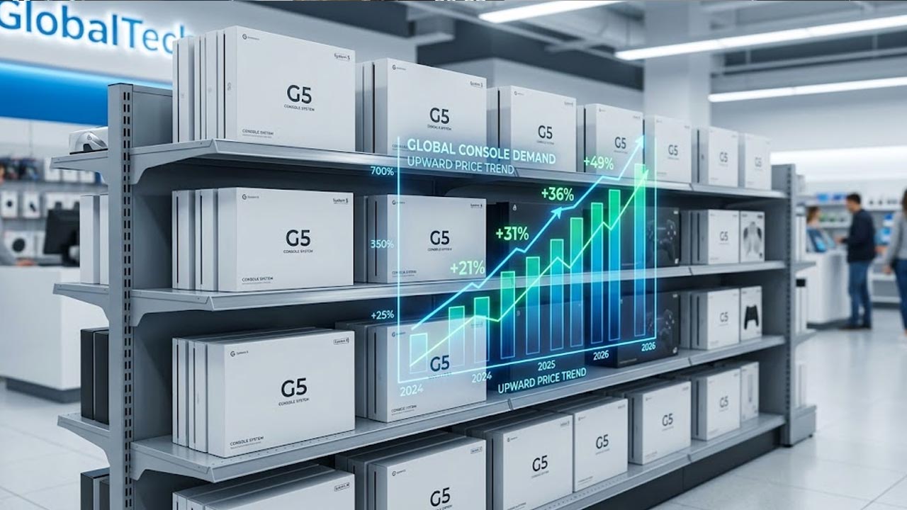Полки магазина электроники, на которых выставлены коробки с консолями; на переднем плане голографический график, показывающий скачки спроса и цен