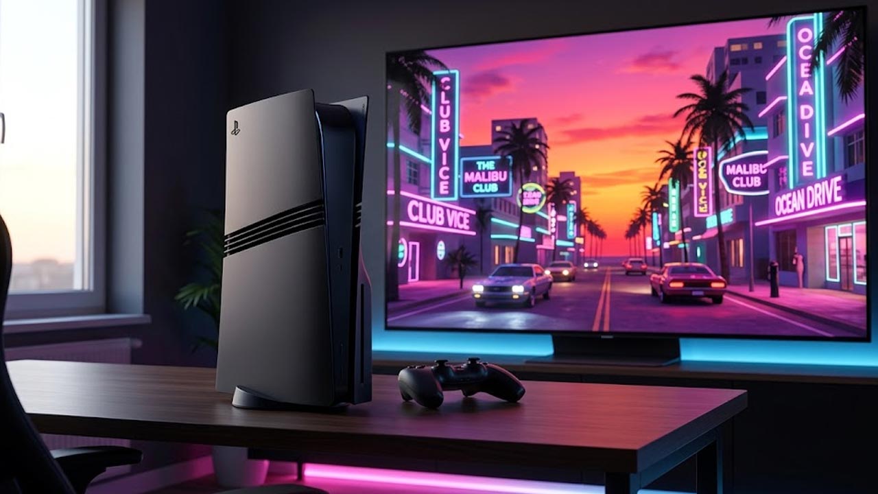 Консоль PlayStation 5 Pro на фоне залитого неоном ночного города в стиле Вайс-Сити, символизирующего грядущий релиз GTA VI