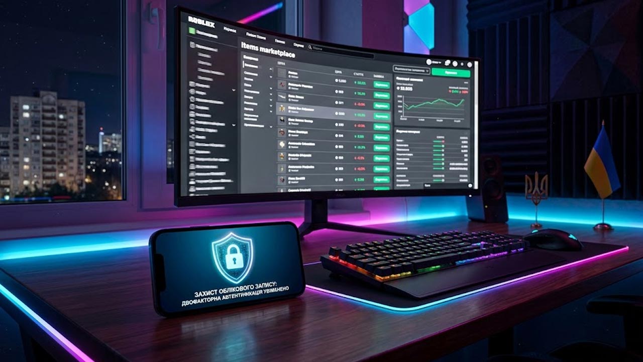 Смартфон с иконкой щита двухфакторной аутентификации на фоне игрового монитора с открытым маркетплейсом